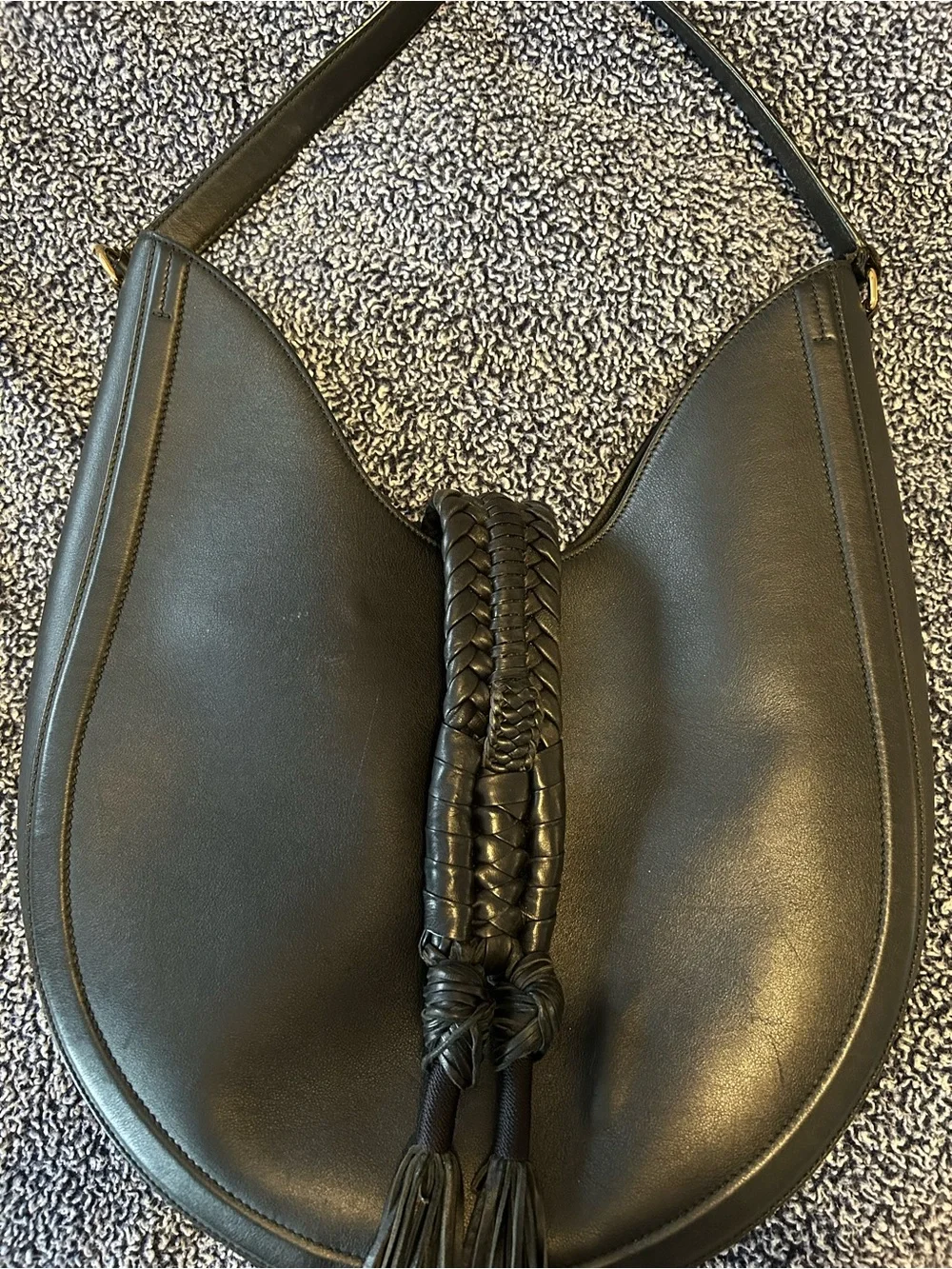 Altuzarra Luxury Classic Black Leather Hobo Bag with Braided Tassel